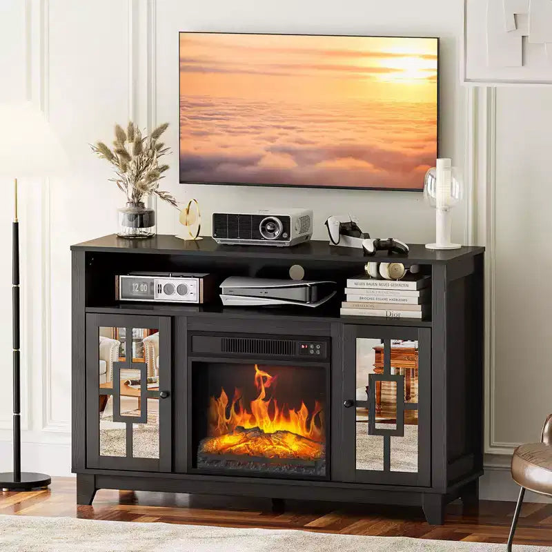 Meuble TV avec cheminée pour téléviseur de 60 pouces, centre de divertissement moderne avec armoire de rangement à porte vitrée