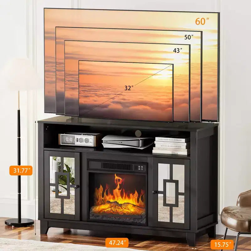 Meuble TV avec cheminée pour téléviseur de 60 pouces, centre de divertissement moderne avec armoire de rangement à porte vitrée