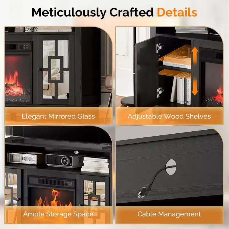 Meuble TV avec cheminée pour téléviseur de 60 pouces, centre de divertissement moderne avec armoire de rangement à porte vitrée