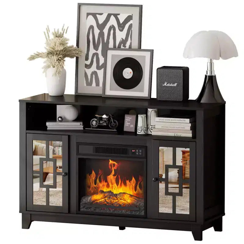 Meuble TV avec cheminée pour téléviseur de 60 pouces, centre de divertissement moderne avec armoire de rangement à porte vitrée