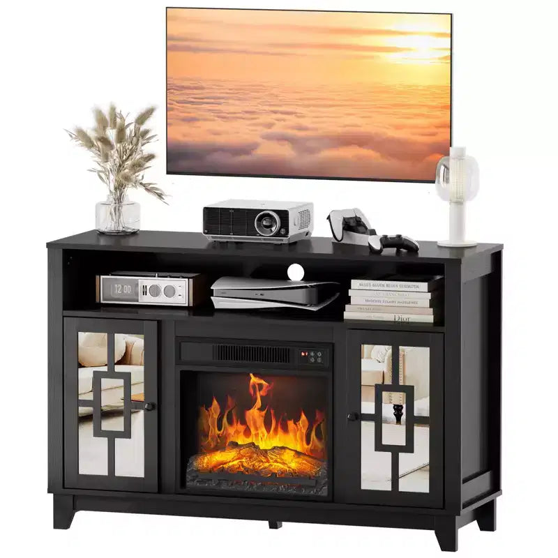 Meuble TV avec cheminée pour téléviseur de 60 pouces, centre de divertissement moderne avec armoire de rangement à porte vitrée