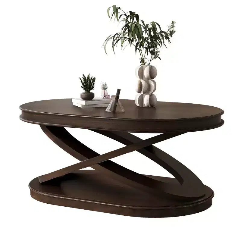 Table basse ovale moderne de 31,5 po avec base en X, table centrale de canapé minimaliste en placage de bois pour salon ou bureau à domicile