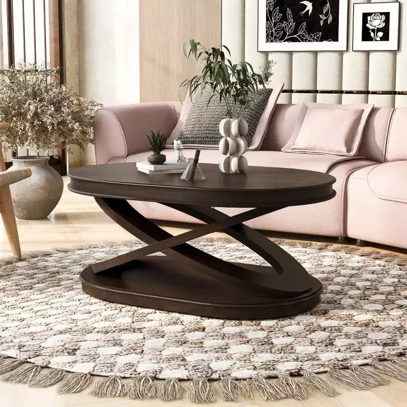 Table basse ovale moderne de 31,5 po avec base en X, table centrale de canapé minimaliste en placage de bois pour salon ou bureau à domicile