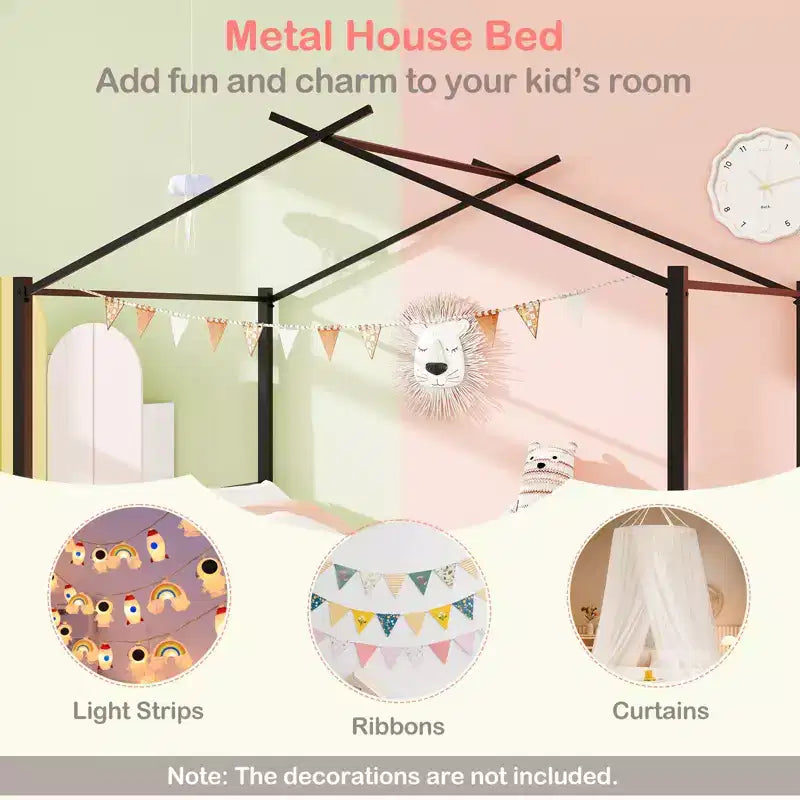 Lit cabane en métal pleine grandeur avec 2 tiroirs en tissu, lit plateforme robuste