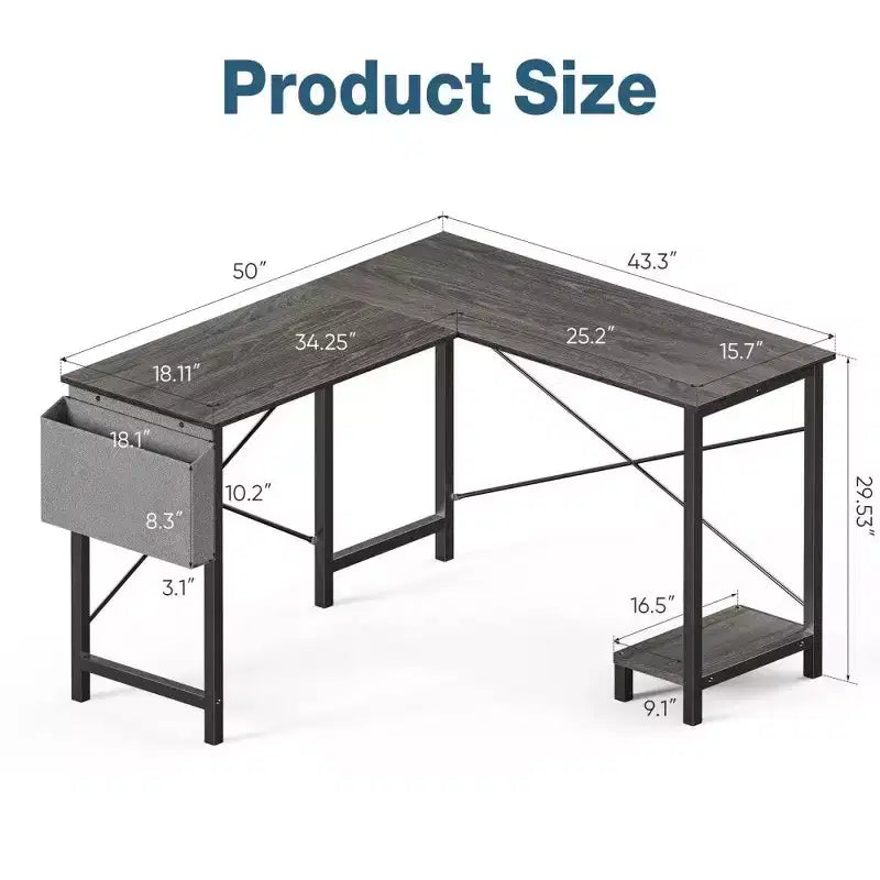 Bureau d'angle en L pour jeux et bureautique, bureau d'angle de 50" avec support CPU et pochette latérale, poste de travail pour bureau à domicile