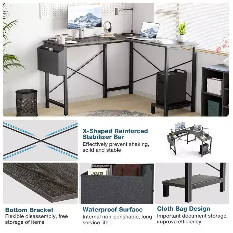 Bureau d'angle en L pour jeux et bureautique, bureau d'angle de 50" avec support CPU et pochette latérale, poste de travail pour bureau à domicile