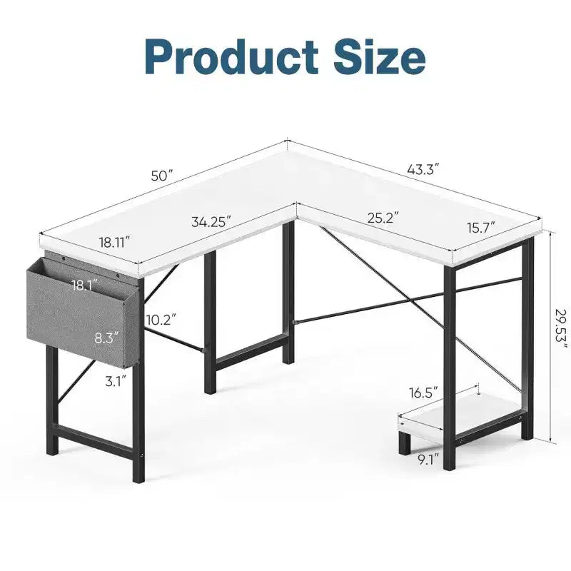 Bureau d'angle en L pour jeux et bureautique, bureau d'angle de 50" avec support CPU et pochette latérale, poste de travail pour bureau à domicile