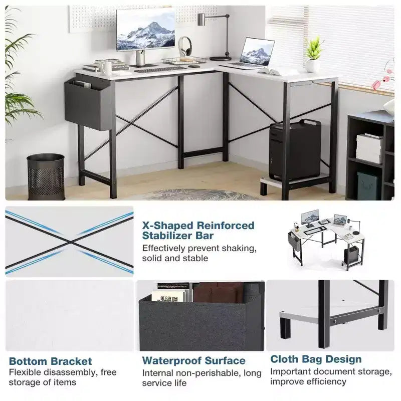 Bureau d'angle en L pour jeux et bureautique, bureau d'angle de 50" avec support CPU et pochette latérale, poste de travail pour bureau à domicile