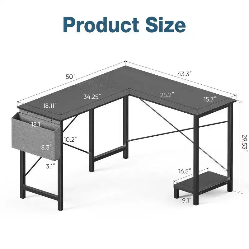 Bureau d'angle en L pour jeux et bureautique, bureau d'angle de 50" avec support CPU et pochette latérale, poste de travail pour bureau à domicile