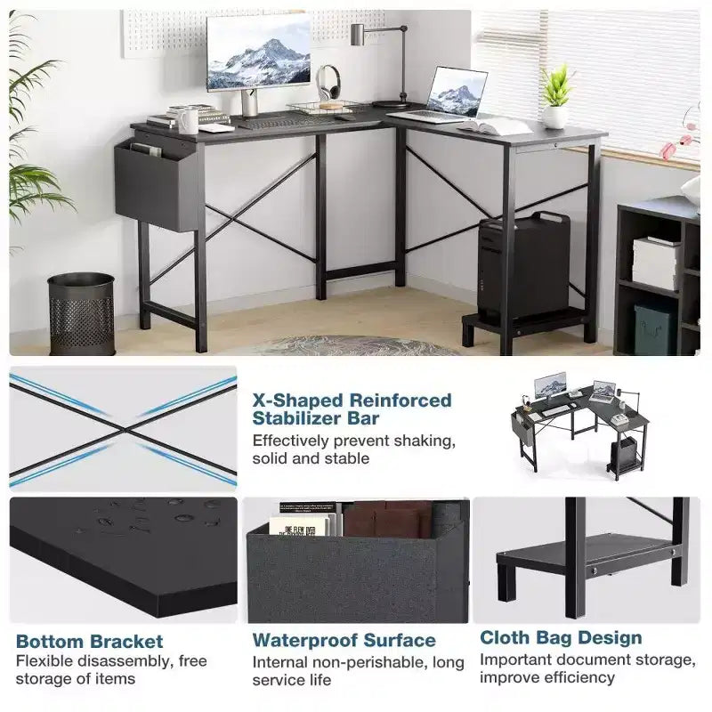 Bureau d'angle en L pour jeux et bureautique, bureau d'angle de 50" avec support CPU et pochette latérale, poste de travail pour bureau à domicile