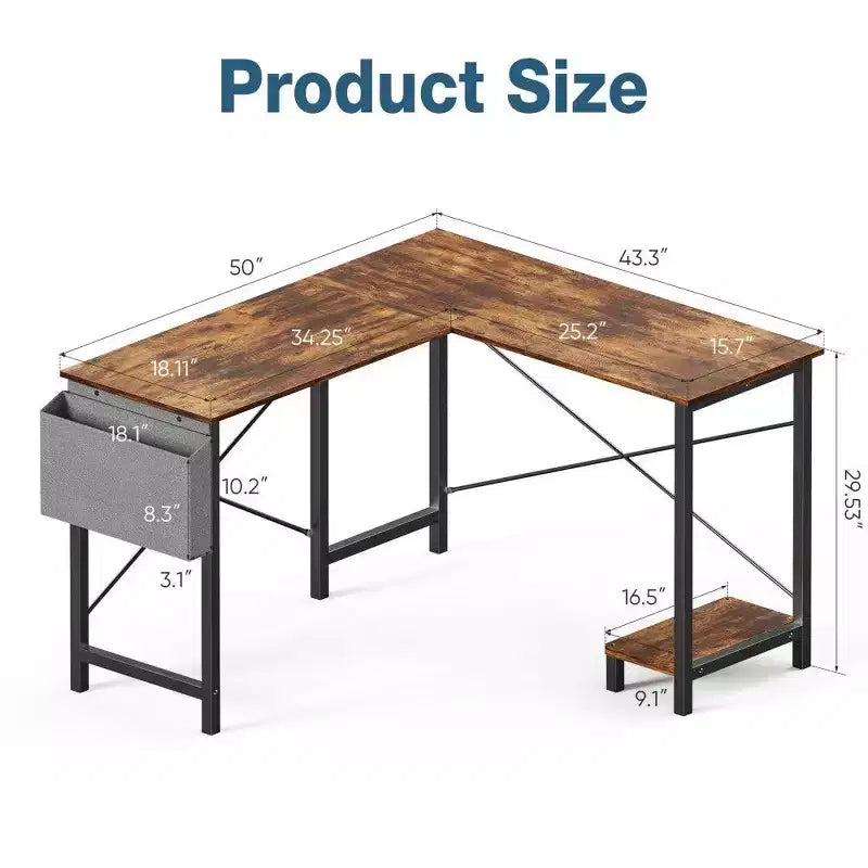 Bureau d'angle en L pour jeux et bureautique, bureau d'angle de 50" avec support CPU et pochette latérale, poste de travail pour bureau à domicile