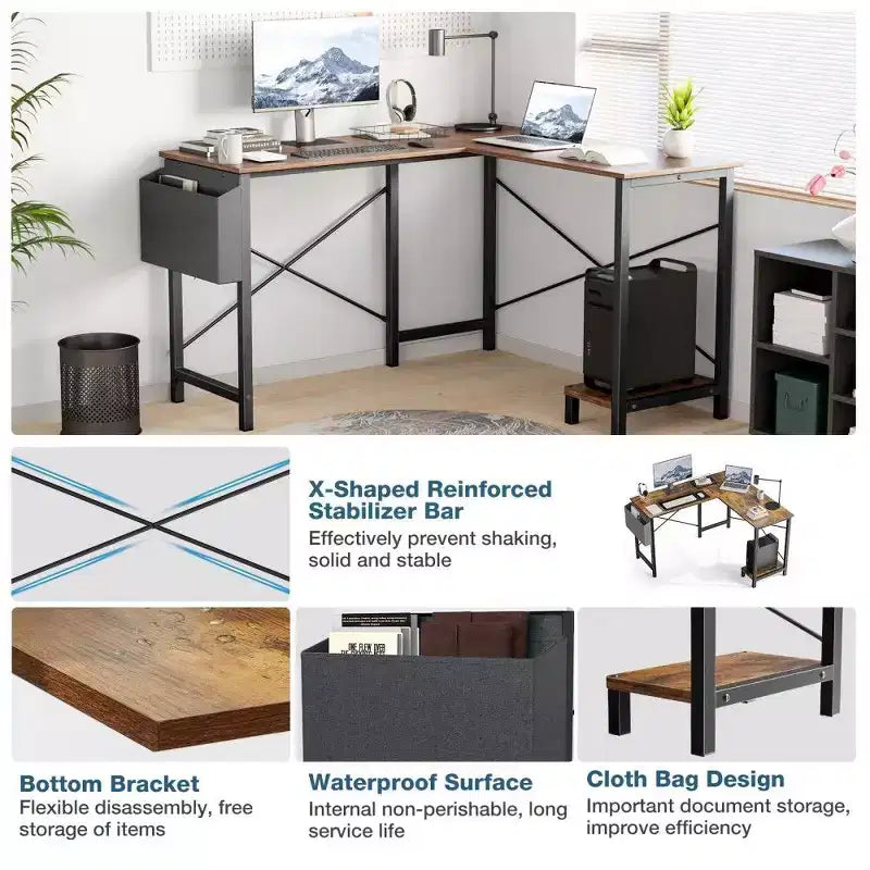 Bureau d'angle en L pour jeux et bureautique, bureau d'angle de 50" avec support CPU et pochette latérale, poste de travail pour bureau à domicile