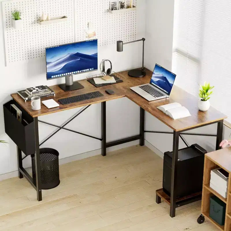 Bureau d'angle en L pour jeux et bureautique, bureau d'angle de 50" avec support CPU et pochette latérale, poste de travail pour bureau à domicile