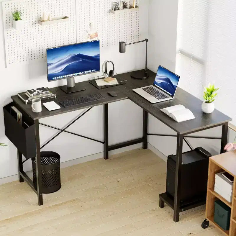 Bureau d'angle en L pour jeux et bureautique, bureau d'angle de 50" avec support CPU et pochette latérale, poste de travail pour bureau à domicile