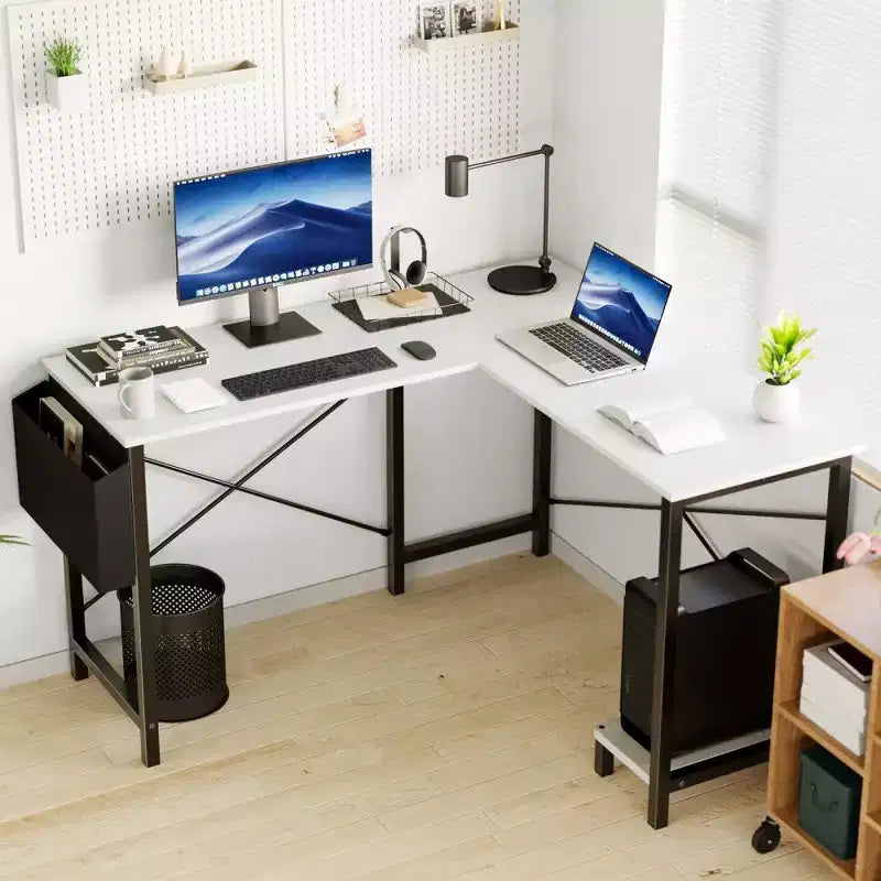 Bureau d'angle en L pour jeux et bureautique, bureau d'angle de 50" avec support CPU et pochette latérale, poste de travail pour bureau à domicile