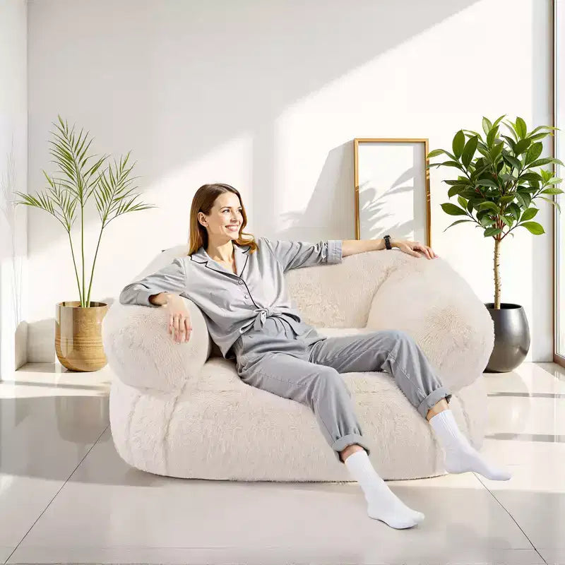 Pouf poire, Canapé-pouf avec accoudoirs pour adultes, Peluche moelleuse et rembourrage en mousse haute densité, Pouf adulte avec fermeture éclair, Beige