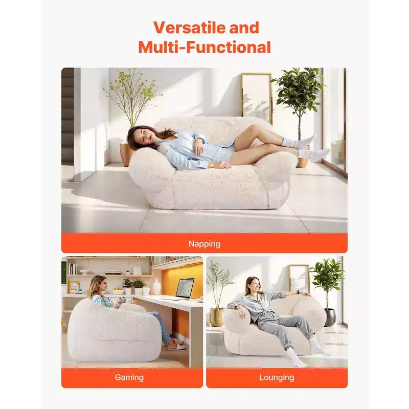 Pouf poire, Canapé-pouf avec accoudoirs pour adultes, Peluche moelleuse et rembourrage en mousse haute densité, Pouf adulte avec fermeture éclair, Beige
