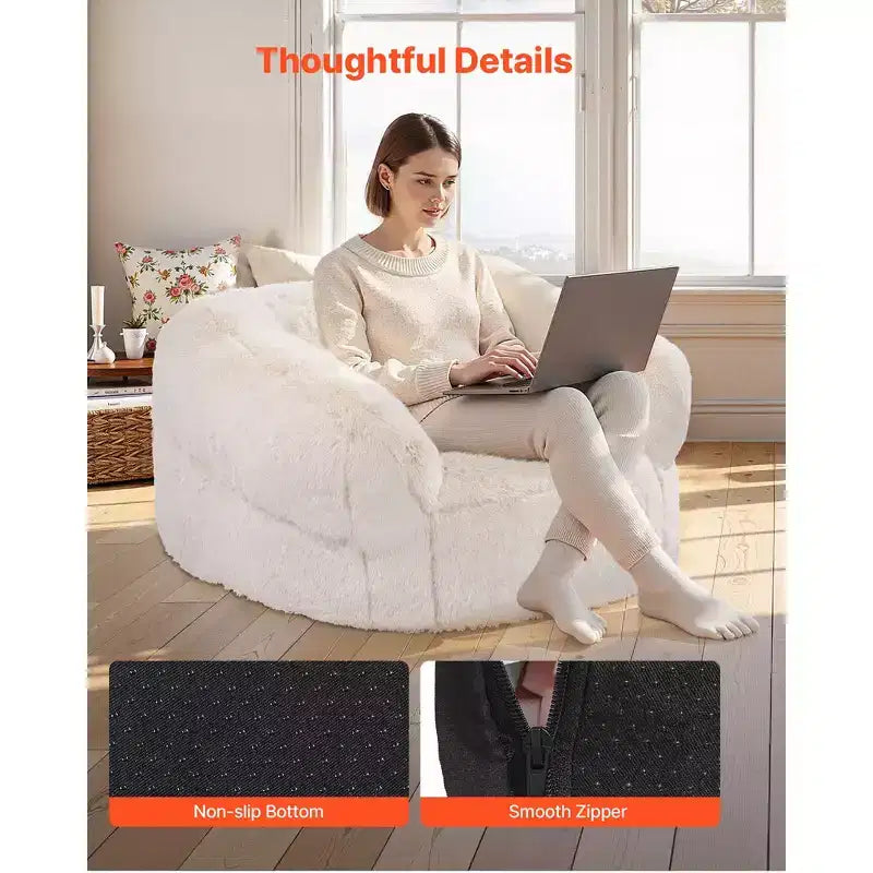Pouf poire, Canapé-pouf avec accoudoirs pour adultes, Peluche moelleuse et rembourrage en mousse haute densité, Pouf adulte avec fermeture éclair, Beige