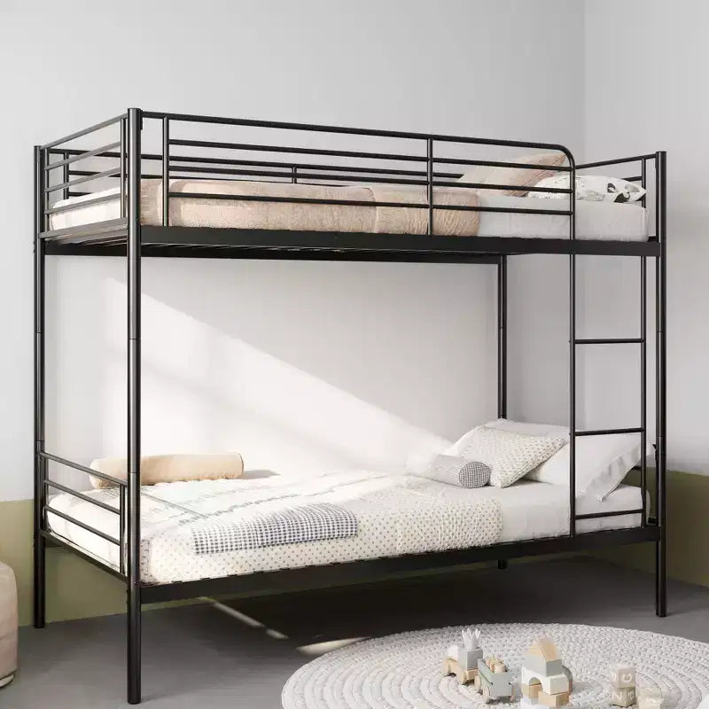 Lit superposé double en métal robuste avec échelles et barrière de sécurité haute, cadre de lit contemporain pour chambre à coucher et appartements