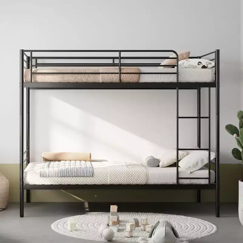Lit superposé double en métal robuste avec échelles et barrière de sécurité haute, cadre de lit contemporain pour chambre à coucher et appartements
