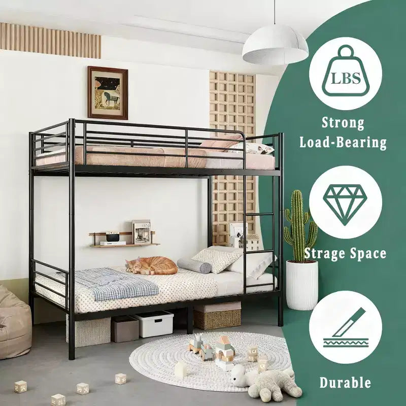 Lit superposé double en métal robuste avec échelles et barrière de sécurité haute, cadre de lit contemporain pour chambre à coucher et appartements
