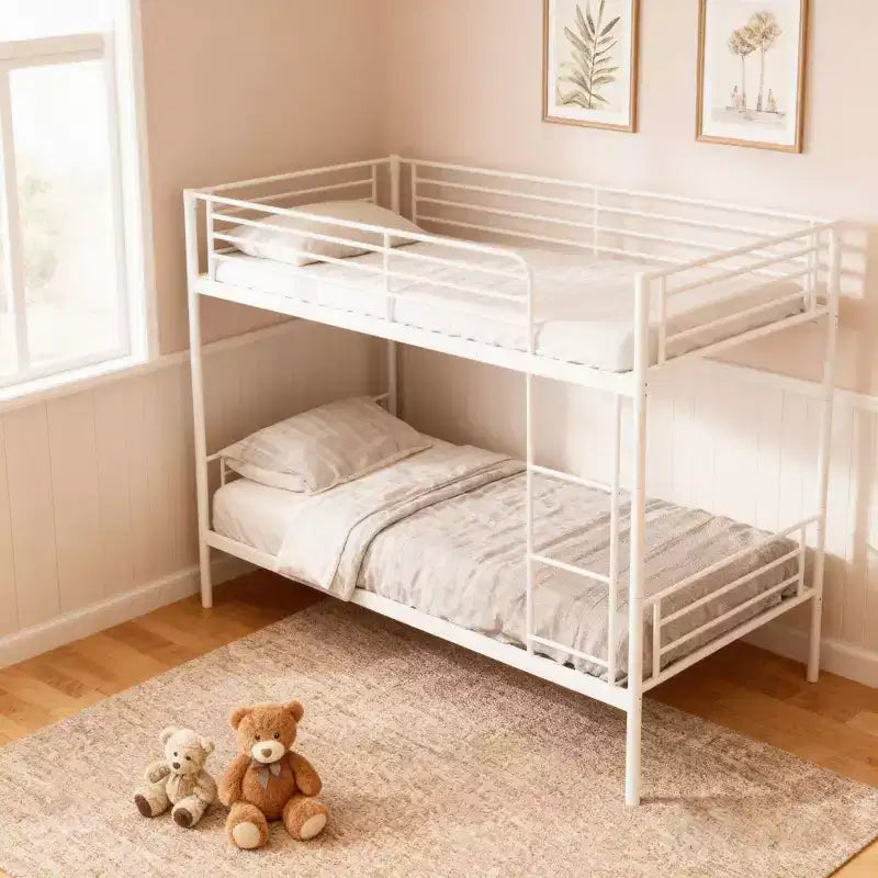 Lit superposé double en métal robuste avec échelles et barrière de sécurité haute, cadre de lit contemporain pour chambre à coucher et appartements