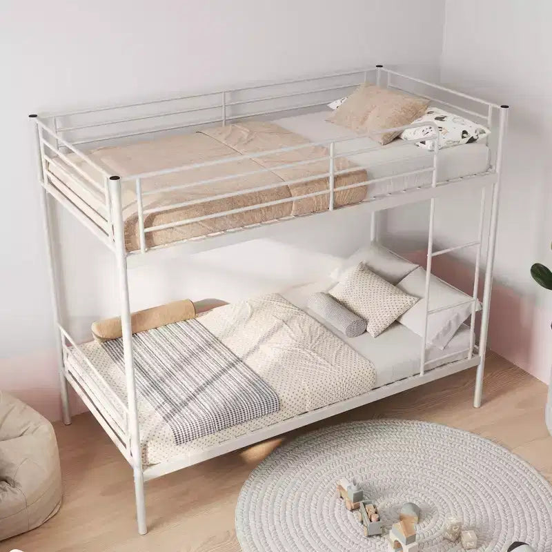 Lit superposé double en métal robuste avec échelles et barrière de sécurité haute, cadre de lit contemporain pour chambre à coucher et appartements