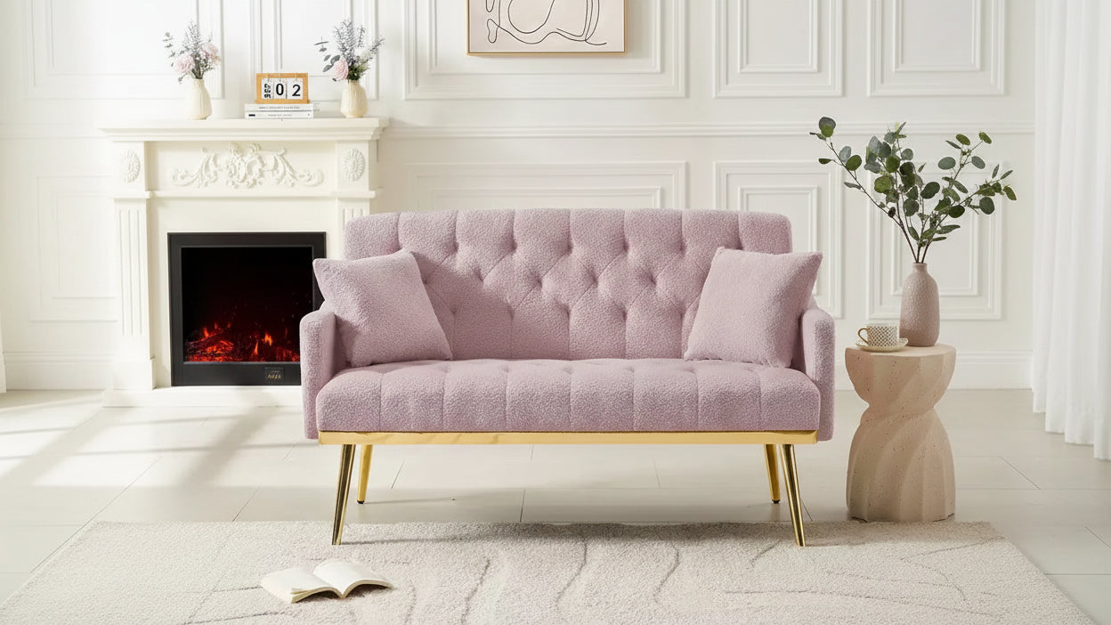 Upholstered Loveseat Couch With 2 Pillows Metal Legs Foam Couch Sleeper Sofa For Guest Room Office Living Room, Pink Teddy Fabric