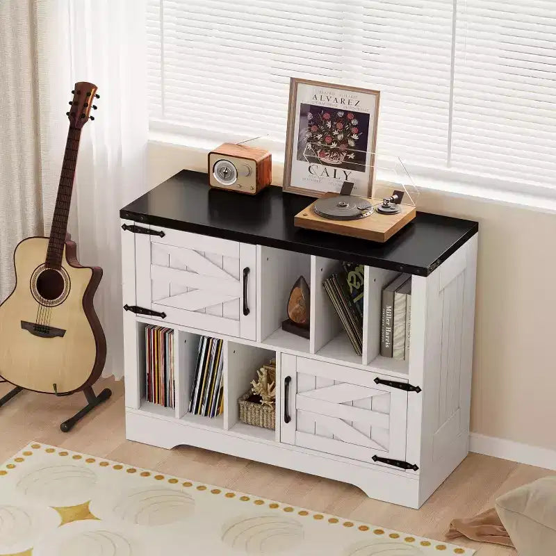 Meuble de rangement pour disques vinyles de 99 cm, meuble de platine vinyle en bois de style ferme avec 2 portes de grange, grande table de platine pour salon et chambre à coucher