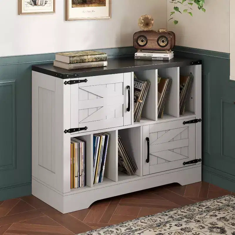 Meuble de rangement pour disques vinyles de 99 cm, meuble de platine vinyle en bois de style ferme avec 2 portes de grange, grande table de platine pour salon et chambre à coucher