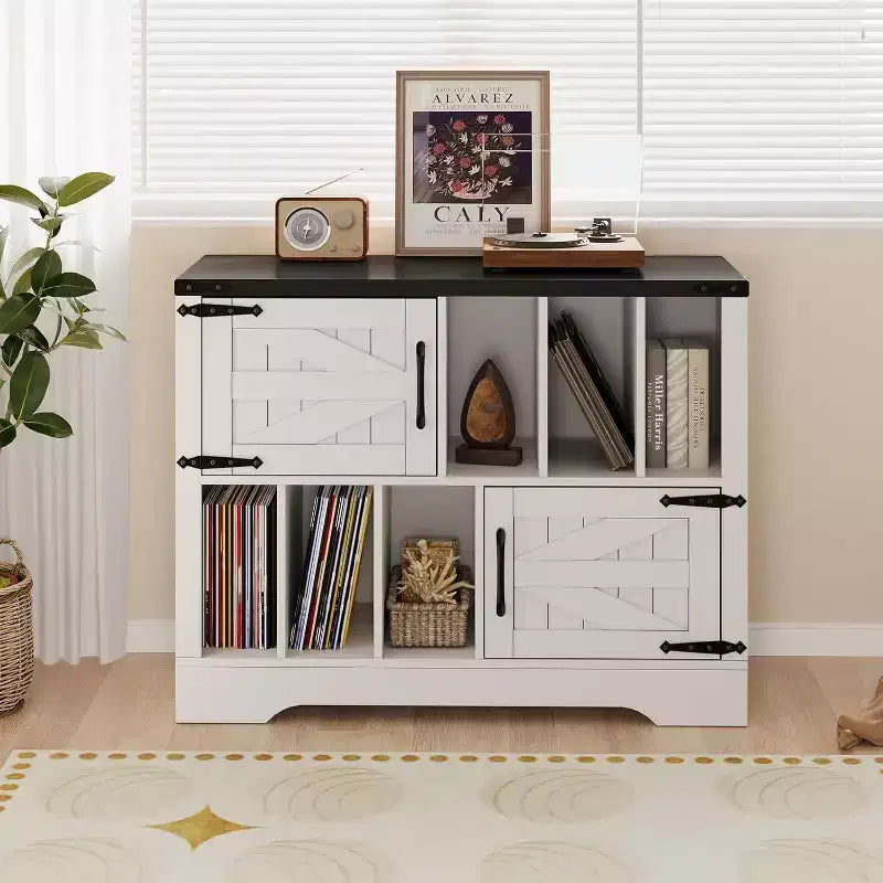 Meuble de rangement pour disques vinyles de 99 cm, meuble de platine vinyle en bois de style ferme avec 2 portes de grange, grande table de platine pour salon et chambre à coucher