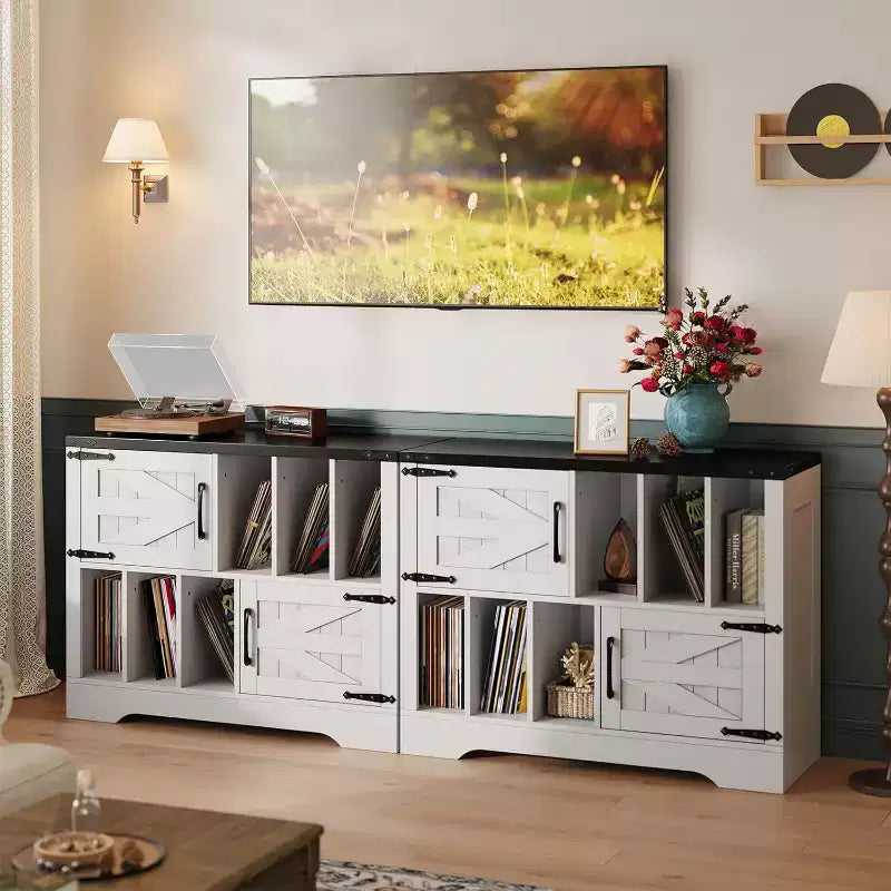 Meuble de rangement pour disques vinyles de 99 cm, meuble de platine vinyle en bois de style ferme avec 2 portes de grange, grande table de platine pour salon et chambre à coucher