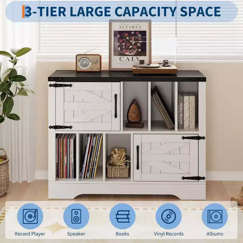 Meuble de rangement pour disques vinyles de 99 cm, meuble de platine vinyle en bois de style ferme avec 2 portes de grange, grande table de platine pour salon et chambre à coucher