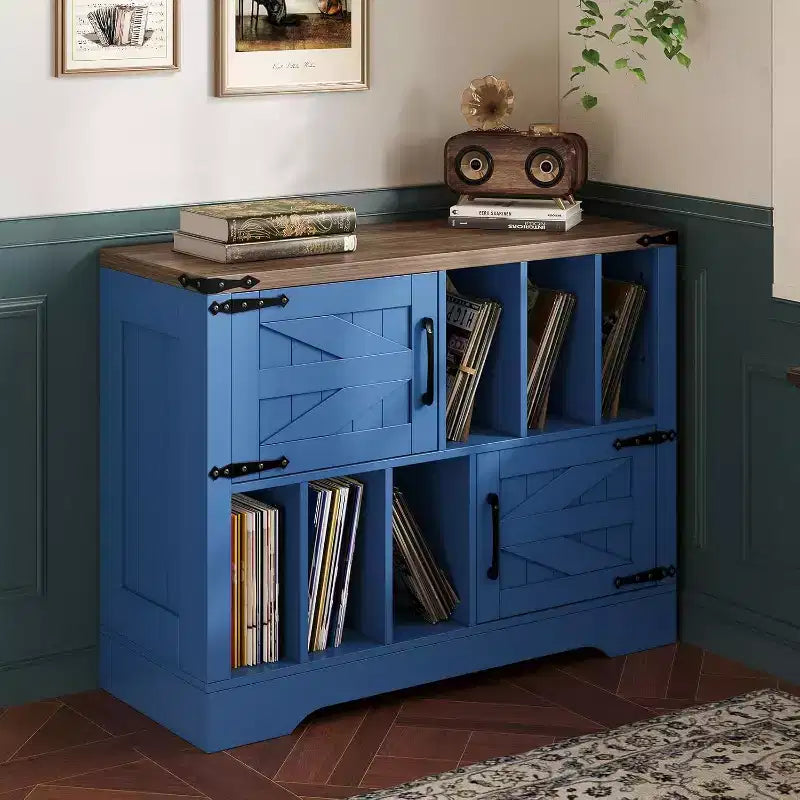 Meuble de rangement pour disques vinyles de 99 cm, meuble de platine vinyle en bois de style ferme avec 2 portes de grange, grande table de platine pour salon et chambre à coucher