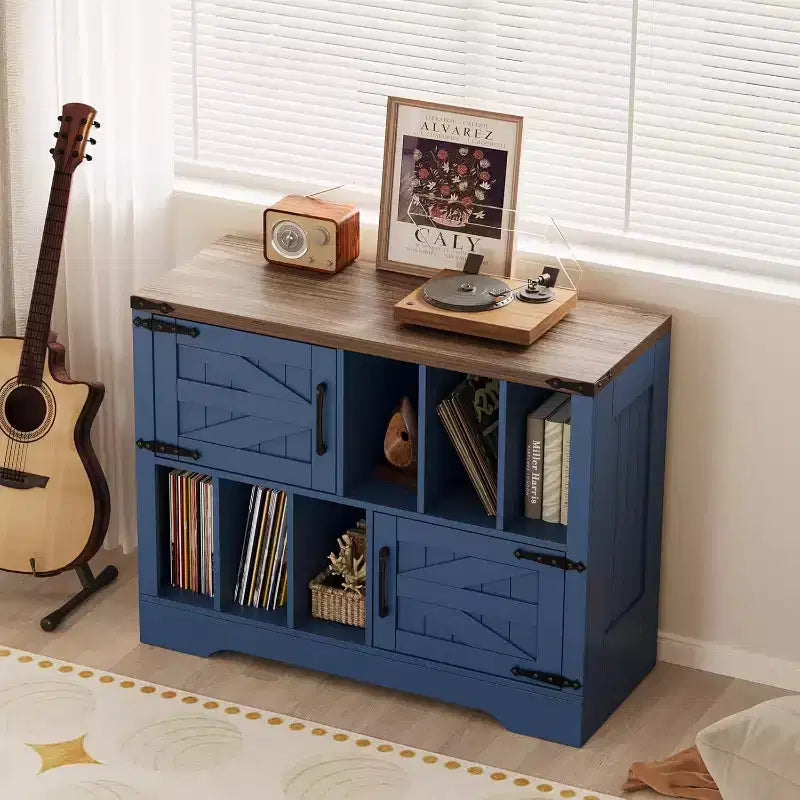 Meuble de rangement pour disques vinyles de 99 cm, meuble de platine vinyle en bois de style ferme avec 2 portes de grange, grande table de platine pour salon et chambre à coucher