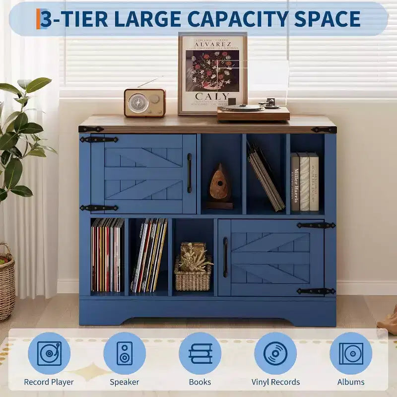 Meuble de rangement pour disques vinyles de 99 cm, meuble de platine vinyle en bois de style ferme avec 2 portes de grange, grande table de platine pour salon et chambre à coucher