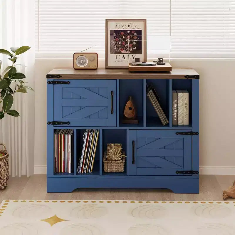 Meuble de rangement pour disques vinyles de 99 cm, meuble de platine vinyle en bois de style ferme avec 2 portes de grange, grande table de platine pour salon et chambre à coucher