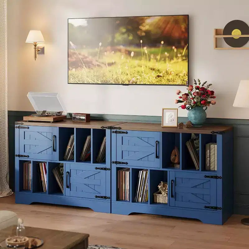 Meuble de rangement pour disques vinyles de 99 cm, meuble de platine vinyle en bois de style ferme avec 2 portes de grange, grande table de platine pour salon et chambre à coucher