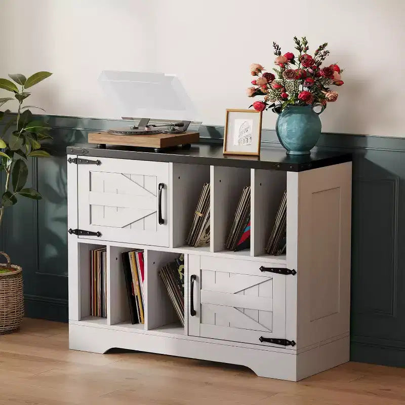 Meuble de rangement pour disques vinyles de 99 cm, meuble de platine vinyle en bois de style ferme avec 2 portes de grange, grande table de platine pour salon et chambre à coucher