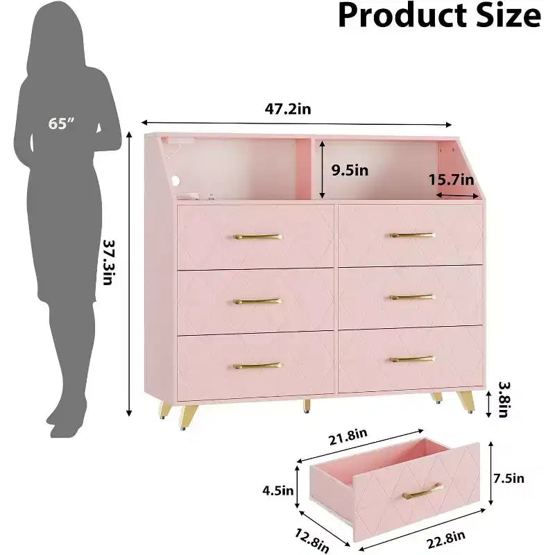 Commode à 6 tiroirs avec station de charge, façade géométrique et pieds dorés, armoire de rangement moderne pour chambre, salon, entrée