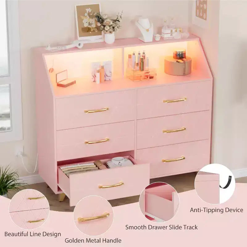 Commode à 6 tiroirs avec station de charge, façade géométrique et pieds dorés, armoire de rangement moderne pour chambre, salon, entrée