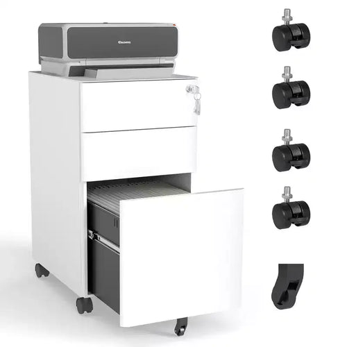 VIYET 3-Drawer Mobile File Cabinet with Lock - All-Steel Anti-Tip Design, Shallow + Deep Drawer, White for Office/Home (Fits A4/Letter)