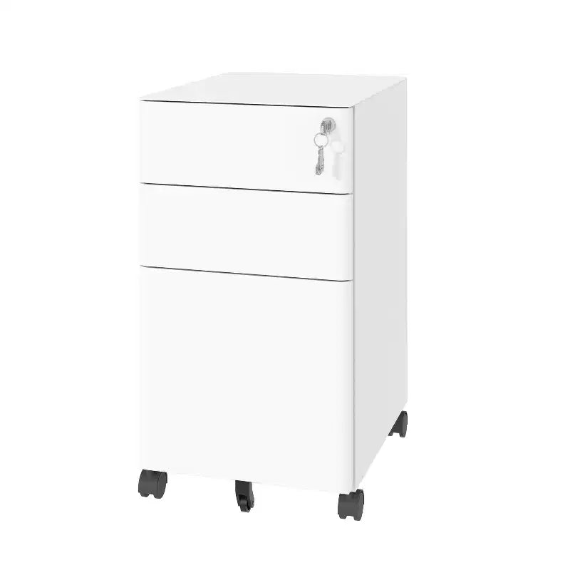 Meuble de classement mobile à 3 tiroirs avec serrure - Entièrement en acier anti-basculement, tiroir peu profond + tiroir profond, Blanc pour bureau/maison (compatible A4/Lettre)