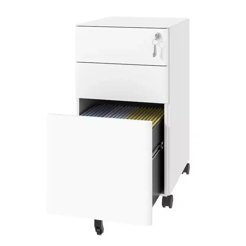 Meuble de classement mobile à 3 tiroirs avec serrure - Entièrement en acier anti-basculement, tiroir peu profond + tiroir profond, Blanc pour bureau/maison (compatible A4/Lettre)