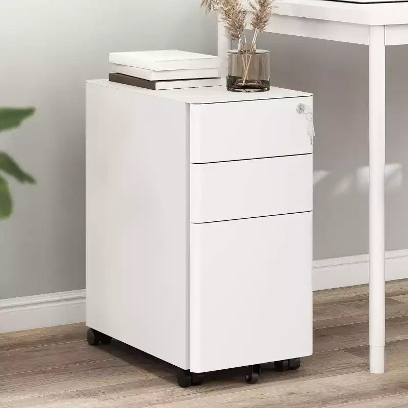 Meuble de classement mobile à 3 tiroirs avec serrure - Entièrement en acier anti-basculement, tiroir peu profond + tiroir profond, Blanc pour bureau/maison (compatible A4/Lettre)