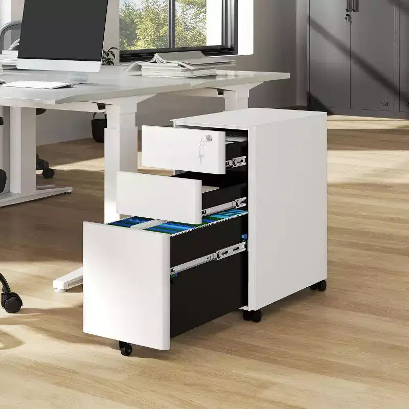 Meuble de classement mobile à 3 tiroirs avec serrure - Entièrement en acier anti-basculement, tiroir peu profond + tiroir profond, Blanc pour bureau/maison (compatible A4/Lettre)