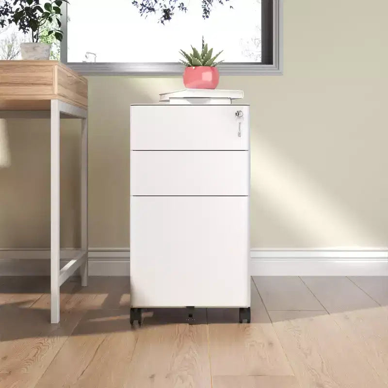Meuble de classement mobile à 3 tiroirs avec serrure - Entièrement en acier anti-basculement, tiroir peu profond + tiroir profond, Blanc pour bureau/maison (compatible A4/Lettre)