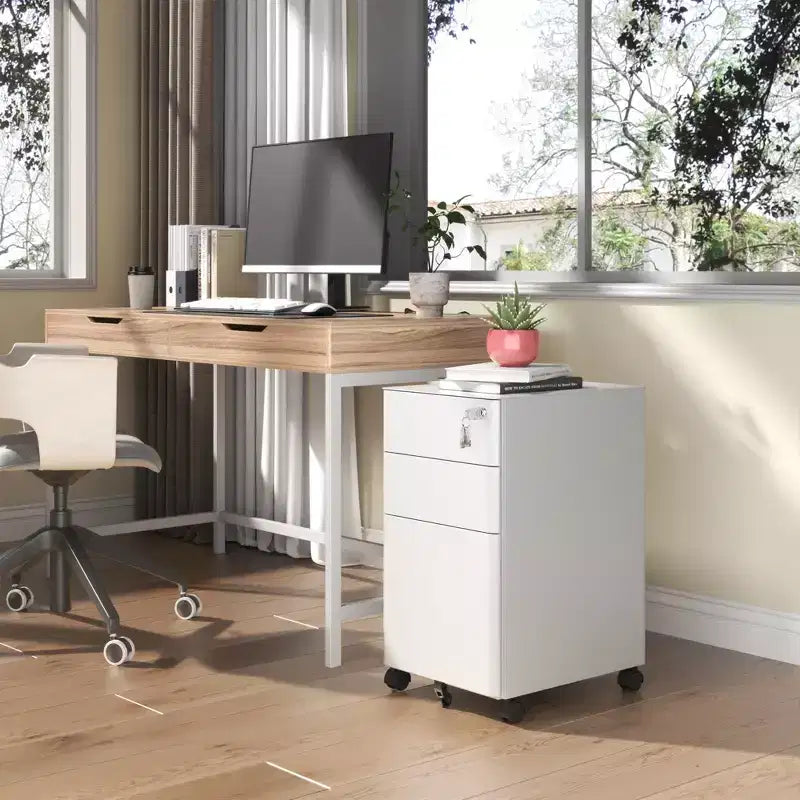 Meuble de classement mobile à 3 tiroirs avec serrure - Entièrement en acier anti-basculement, tiroir peu profond + tiroir profond, Blanc pour bureau/maison (compatible A4/Lettre)