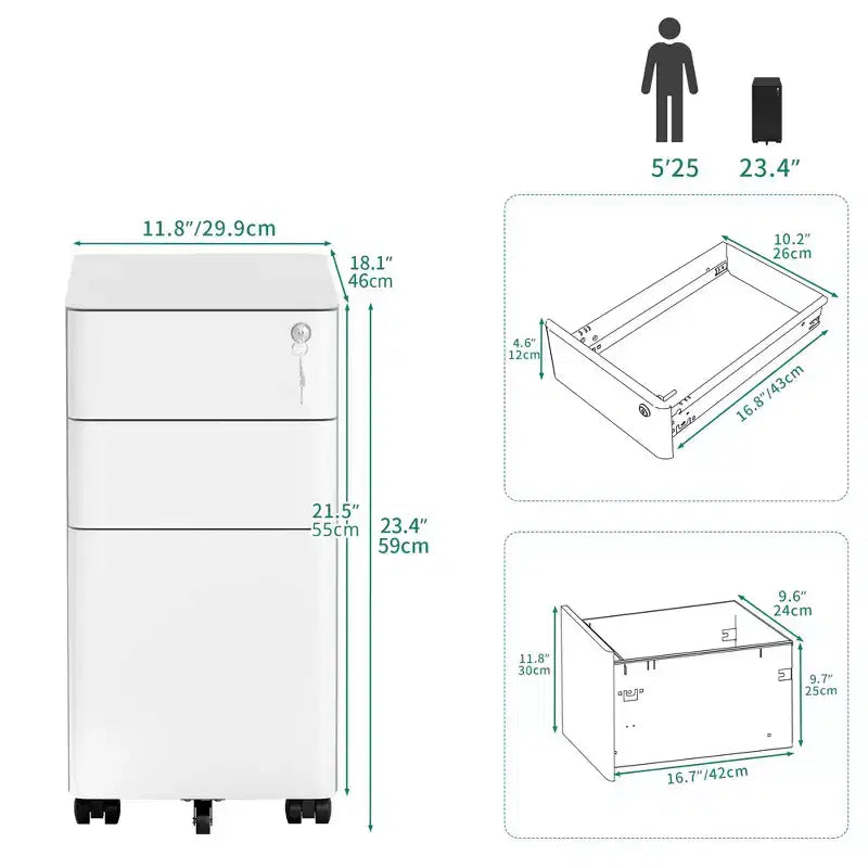 Meuble de classement mobile à 3 tiroirs avec serrure - Entièrement en acier anti-basculement, tiroir peu profond + tiroir profond, Blanc pour bureau/maison (compatible A4/Lettre)
