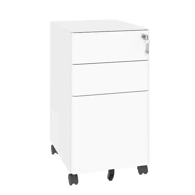 Meuble de classement mobile à 3 tiroirs avec serrure - Entièrement en acier anti-basculement, tiroir peu profond + tiroir profond, Blanc pour bureau/maison (compatible A4/Lettre)